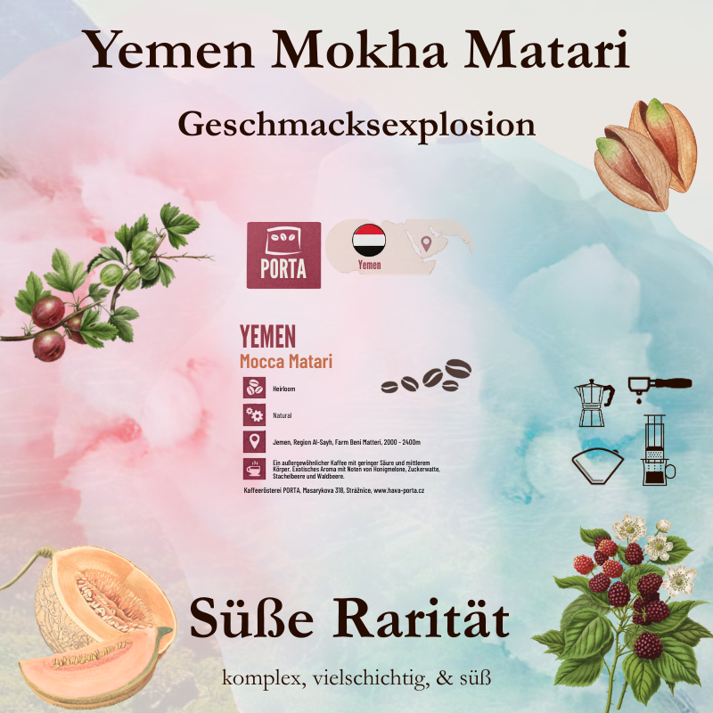 Seltener Jemen Kaffee Harazi-Sayhee – Wilde Ur-Bohnen der Beni Matter Farm mit Noten von Zuckerwatte, Waldbeeren, Stachelbeere und Honigmelone.